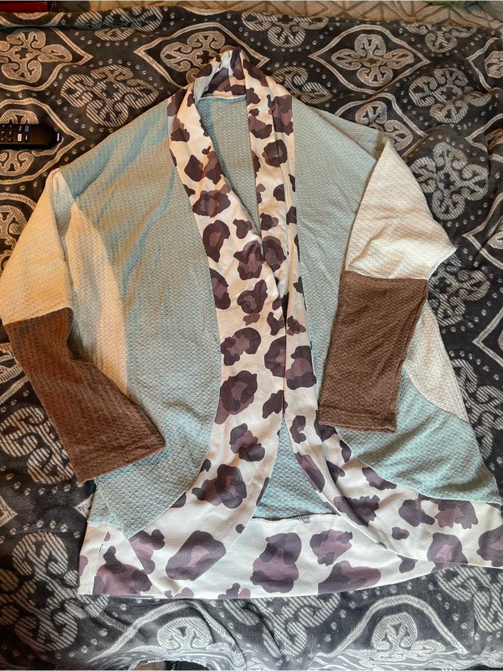 Patchwork Open Front Cardigan with Floral Trim - Mint & Brown